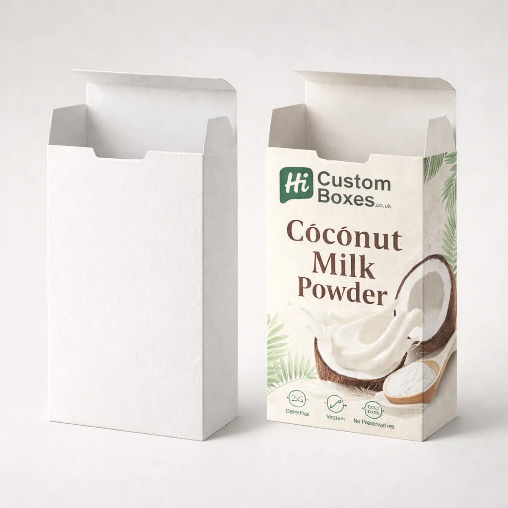 Professional retail tuck-end boxes displaying vibrant coconut illustrations and nutritional icons for shop shelf display.